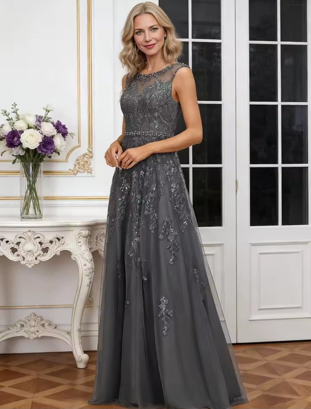Vestido Longo Bordado em Tule Illusion Francês com Cristais Swarovski – Mãe de Noiva GRF-0035
