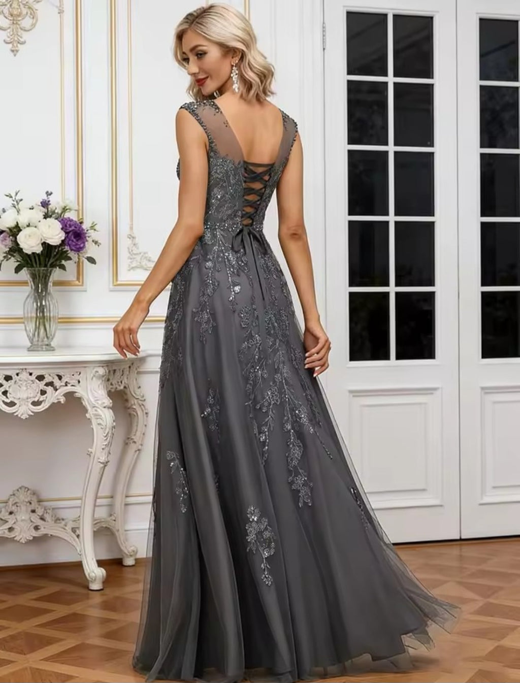 Vestido Longo Bordado em Tule Illusion Francês com Cristais Swarovski – Mãe de Noiva GRF-0035