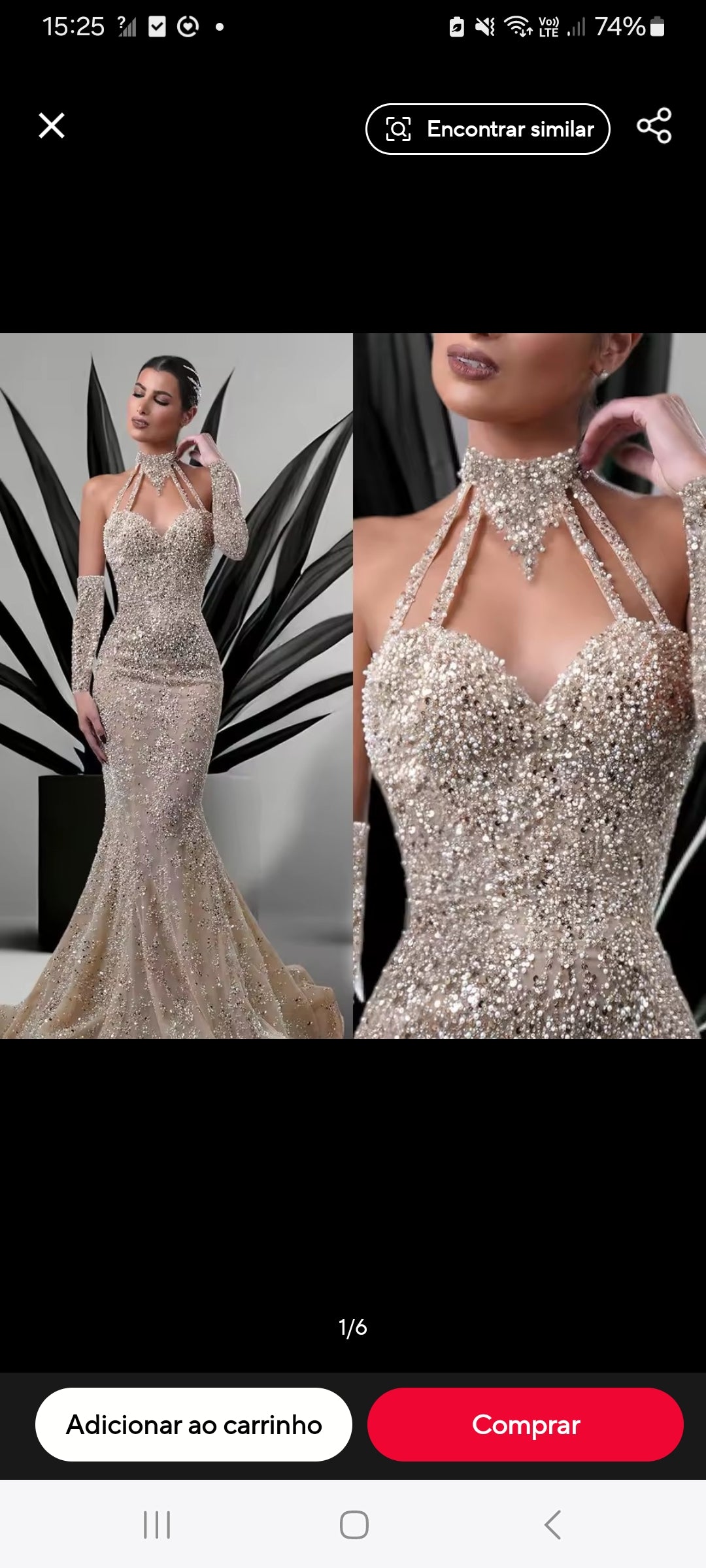 Coleção Royale Premium – GRF-0052 Vestido Sereia Premium Alto Luxo Bordado com Cristais Swarovski, Gola Gargantilha e Mangas Luva em Tule Illusion Francês
