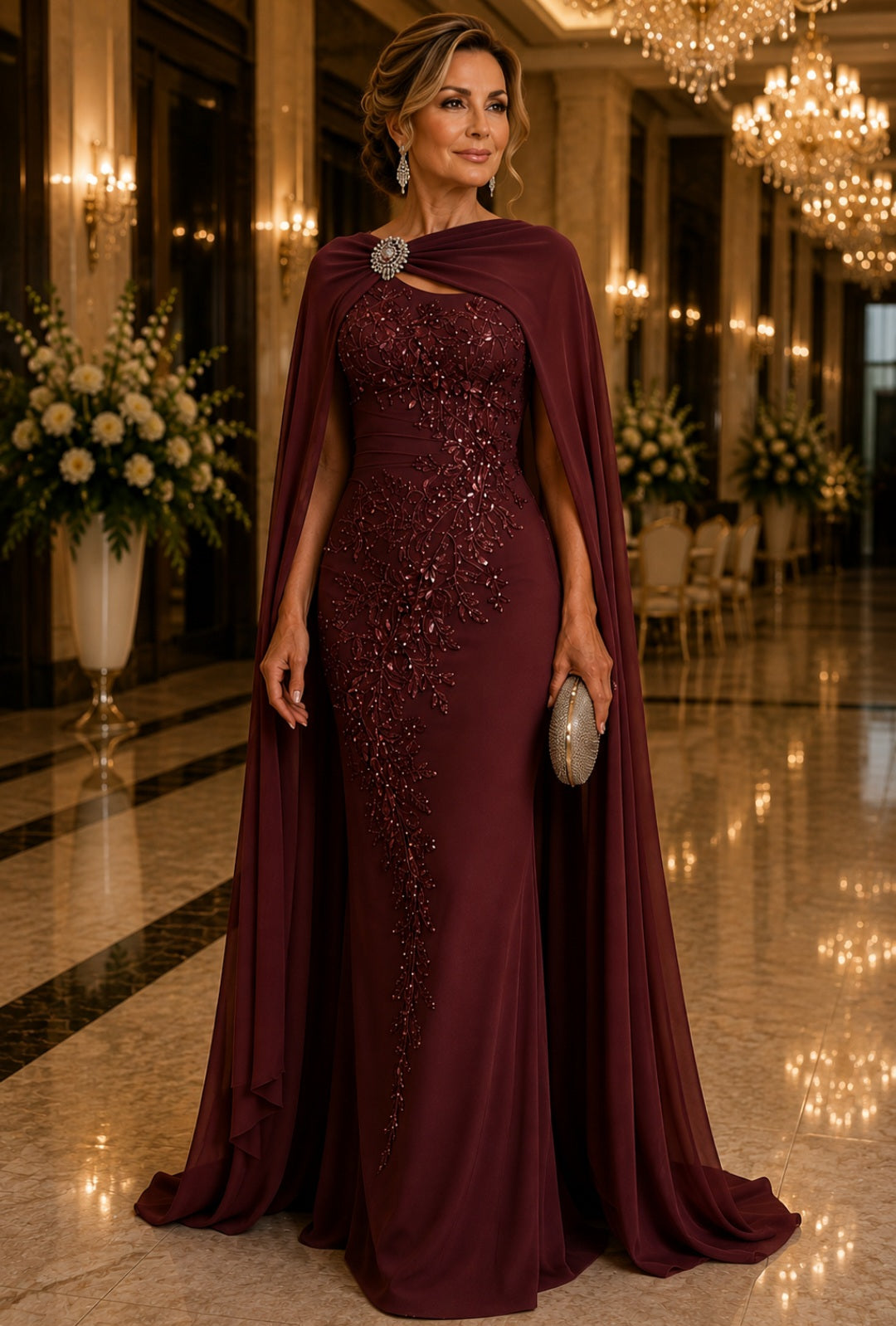 Vestido Mãe de Noivos GRF-0100 com capa e bordado em pedrarias – foto 4