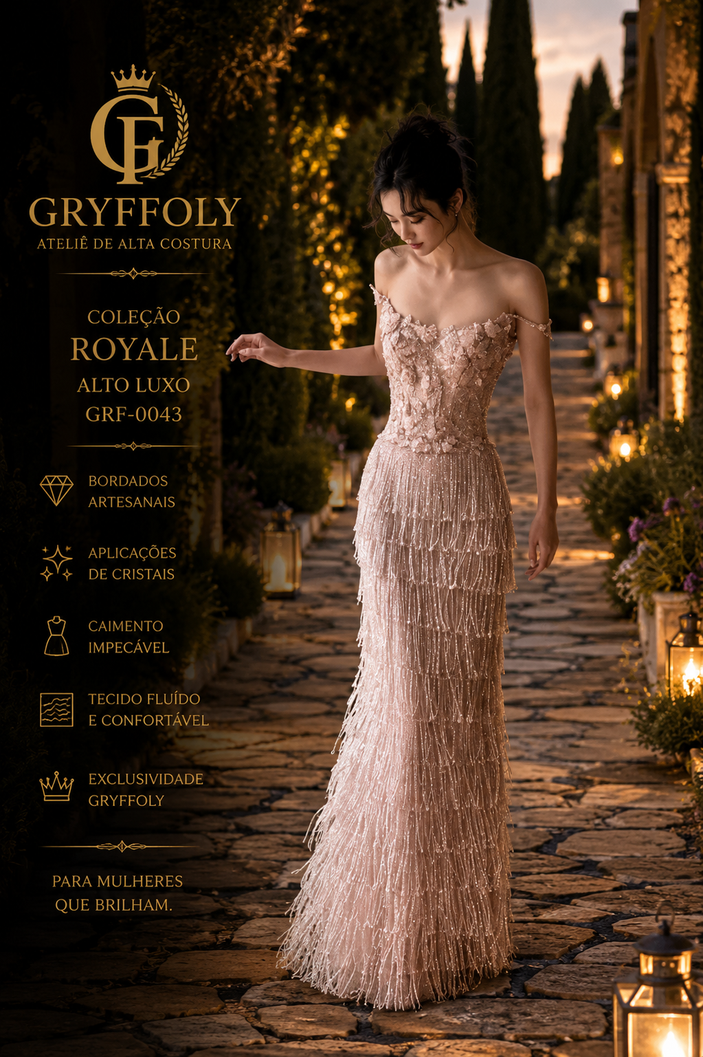 Royale - Vestido Alto Luxo em Musseline de Seda Francesa com Flores de Seda, Cristais Swarovski e Franjas - GRF-0043 - imagem 1