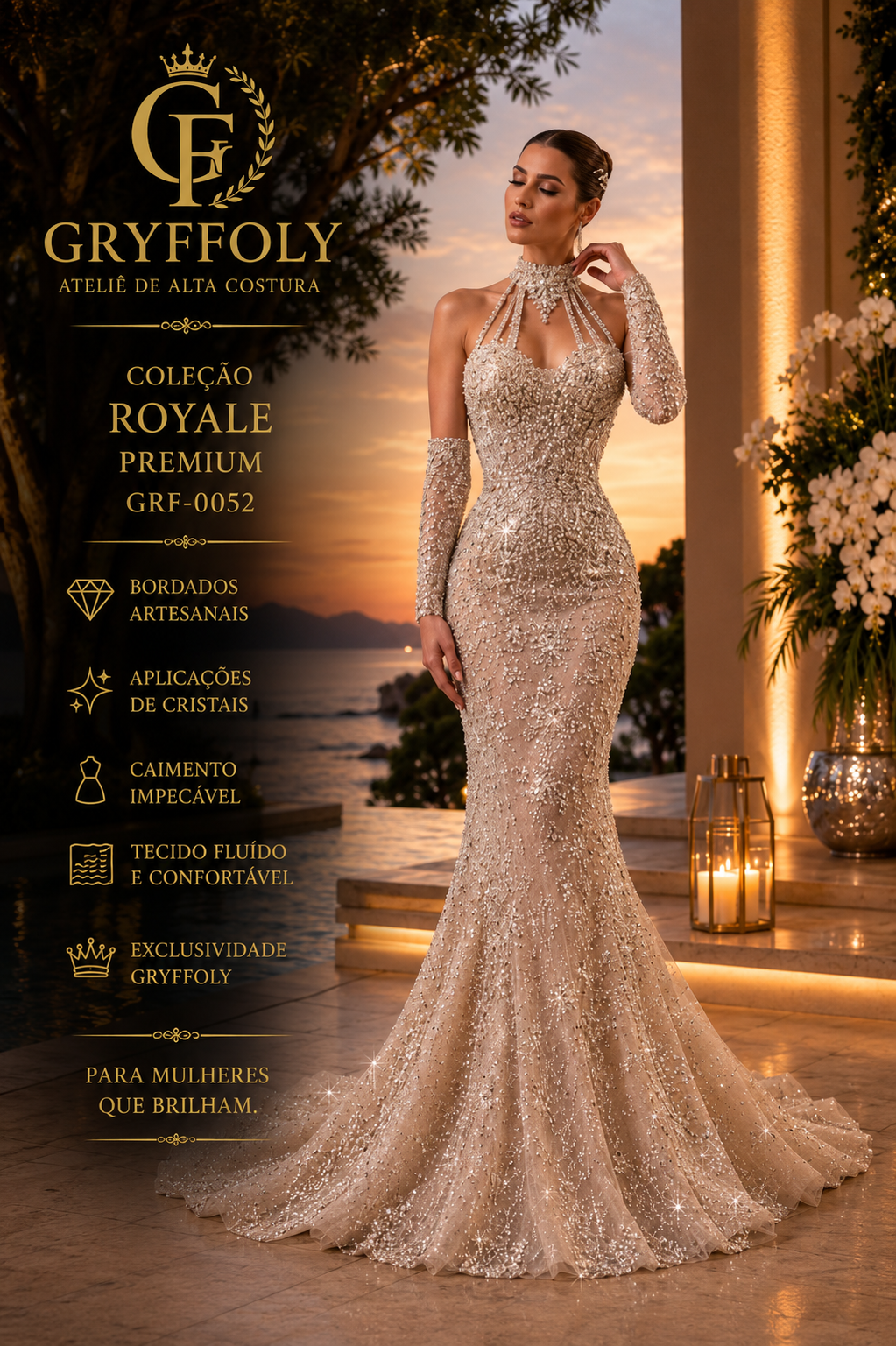 Royale Premium - Vestido Sereia Alto Luxo Bordado com Cristais Swarovski, Gola Gargantilha e Mangas em Tule Illusion Francês - GRF-0052 - imagem 1