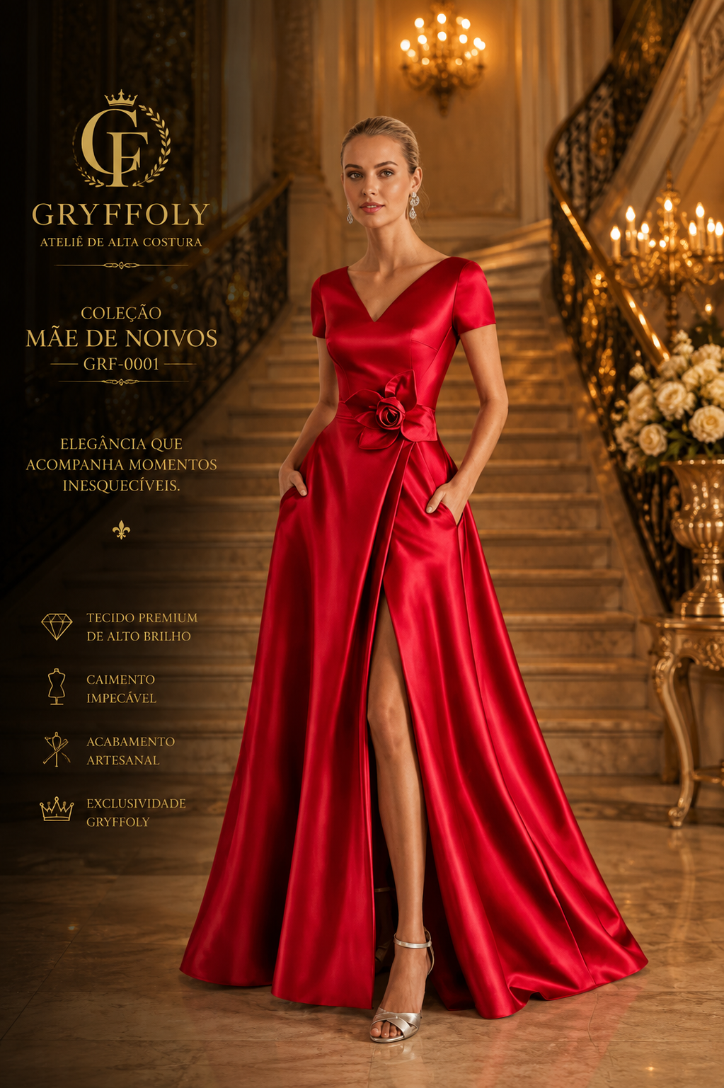 Mãe de Noiva - Vestido Clássico de Seda com Flor Artesanal - GRF-0036 - imagem 1