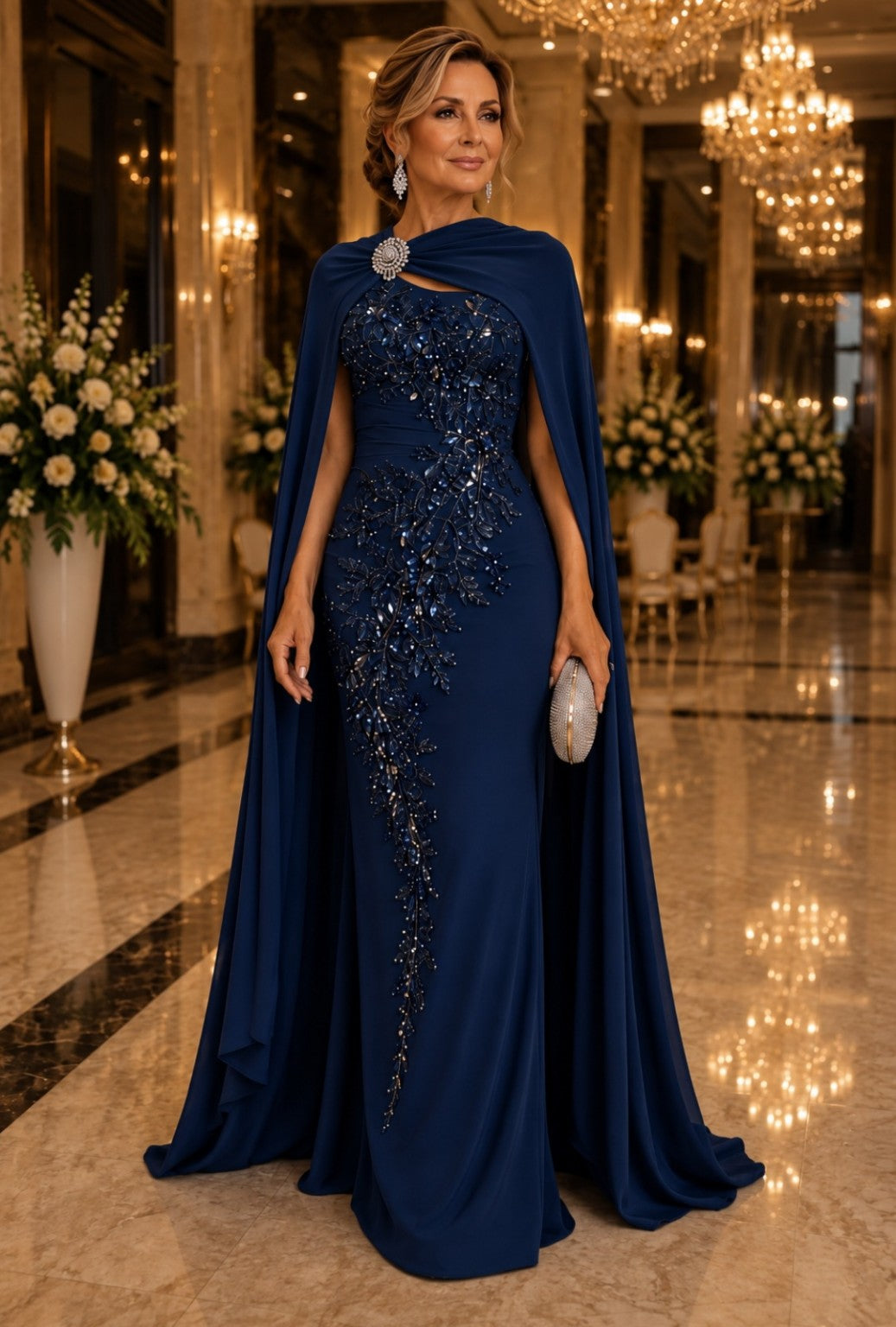 Vestido Mãe de Noivos GRF-0100 em azul-marinho com capa e bordado em pedrarias