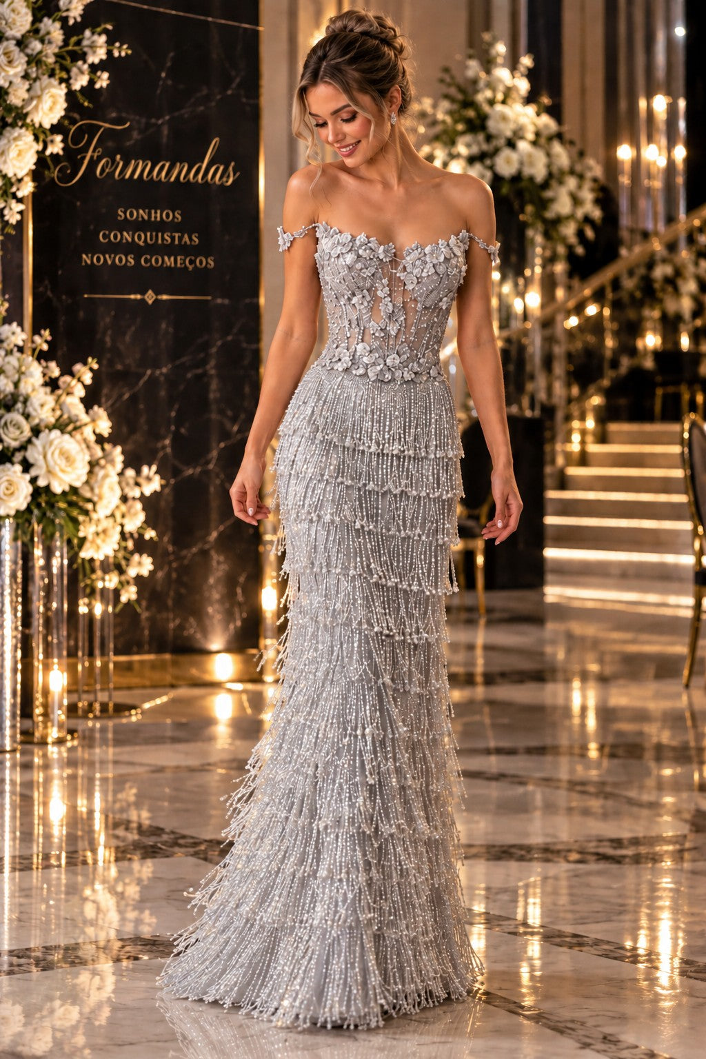 Vestido prata de alta costura GRF-0102 com franjas e bordado tridimensional para formandas e gala
