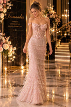 Vestido rosé de alta costura GRF-0102 com franjas e bordado tridimensional para formandas e gala