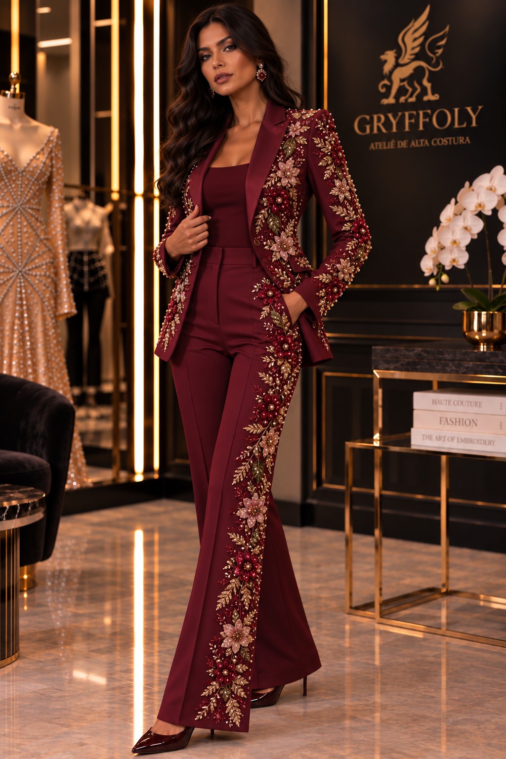 GRF 0103 marsala – conjunto de alfaiataria de gala bordado